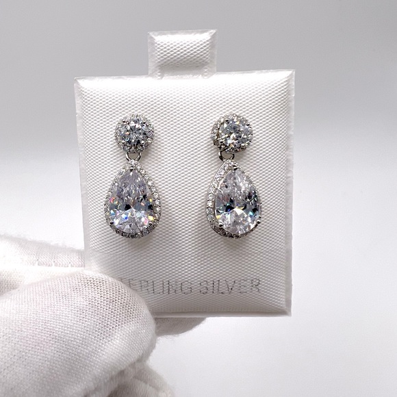 .925 Sterling Silver Rhodium Plated Teardrop CZ Earrings - Picture 4 of 17